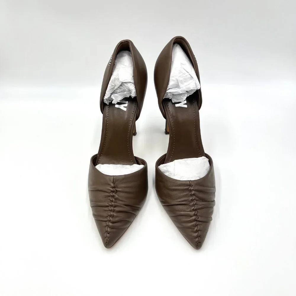 DKNY‎ Size 6 Ruched Nappa Brown Leather Stiletto Point Toe Heels Pumps Shoes